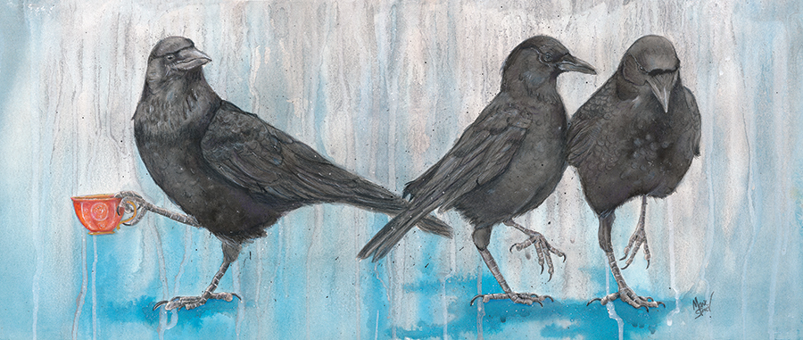 Crow Takes Tea, 37 x 20 inches, watercolor and ink